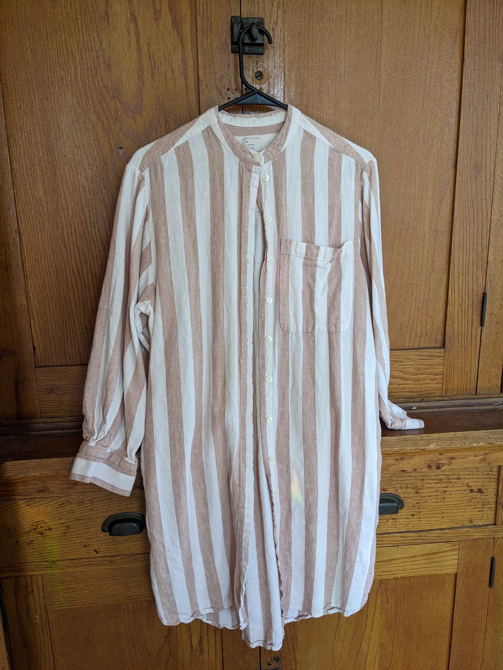 Striped Button-Front Tunic Dress in White and Pink